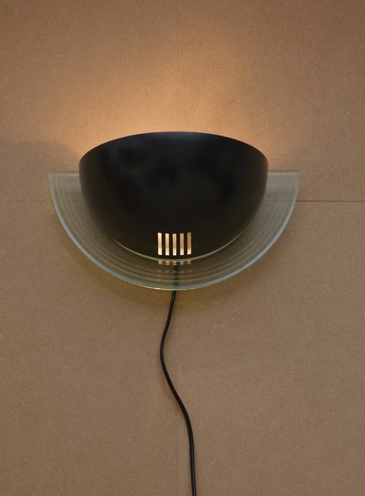 Pair of vintage Postmodern Memphis half-moon wall lights in metal and lucite, circa 1980