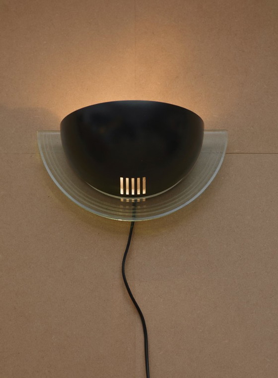 Image 1 of Pair of vintage Postmodern Memphis half-moon wall lights in metal and lucite, circa 1980