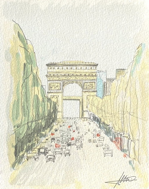 Katsuhiro Nagashima Paris - Les Champs-Elysées Lithograph 1990