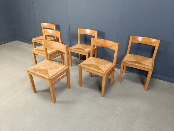 Image 1 of 6er-Set Esszimmerstühle aus Eiche und Geflecht - 1960er Jahre