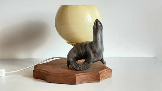 Image 1 of Art Deco Sea Lion Lamp Metal and Blown Glass France