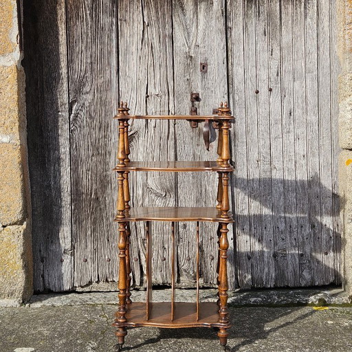 Étagère mobile ancienne en bois français sur roulettes - Console victorienne - Étagère à musique - Années 1920