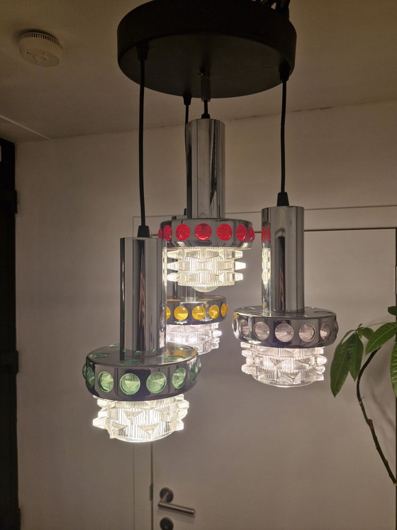 Pendant lamp with four light points, chrome, textured glass and colored accents, Space Age, Ceiling lights (photo 3 of 15)