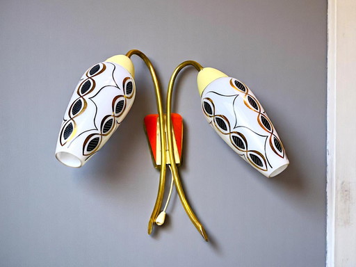 Mid-Century Modern Brass Opaline Glass Double Shaded Wall Sconce Light with Pull Chain, 1950s