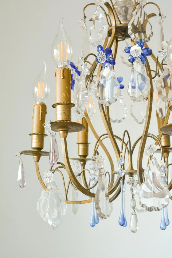 Vintage French Gilt Bronze Cage Chandelier, Blue Murano Glass, 6-Light, 1960s – Crystal (photo 2 of 5)