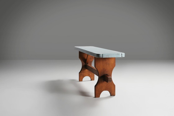 Image 1 of Banc rustique en bois Art déco avec plateau bleu, France, années 1930