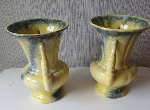 Twee vintage Art Deco vazen met opvallend 2-kleurig glazuur