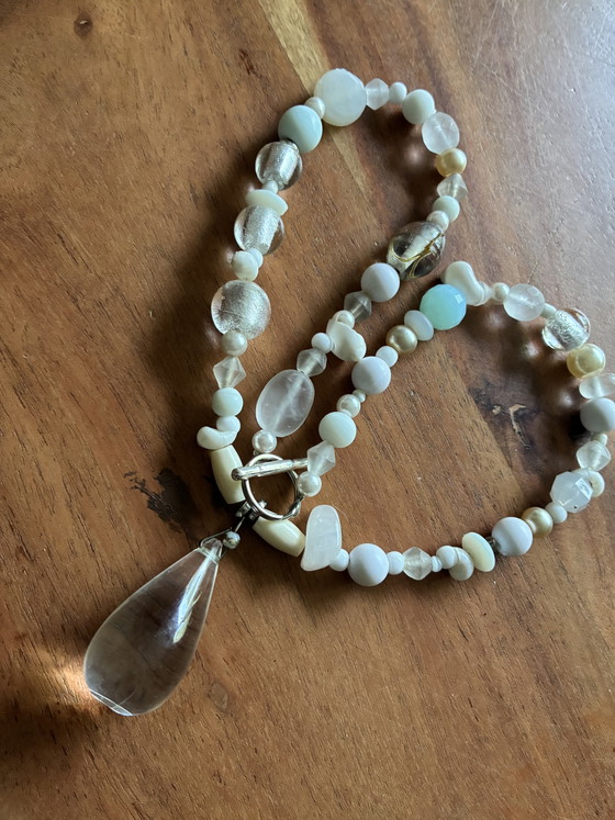 Image 1 of Nuova collana con perline vintage e pendente trasparente, 50 cm.