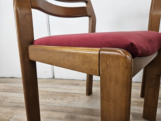 Set of four dining chairs, brown wood with red textile seats, Mid Century Modern (photo 10 of 13)