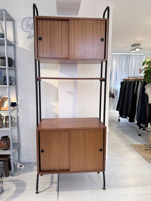 Vintage modulares Wandregal | Mid-Century | Holzfurnier & schwarzes Metall | 60er/70er Jahre