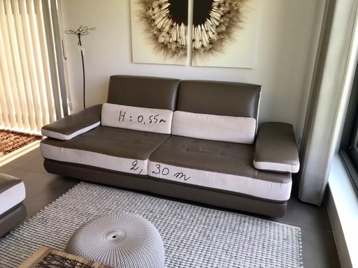 Divani componibili (3 posti + 2 posti singoli) in pelle e tessuto