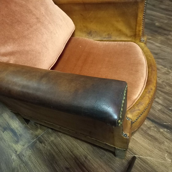 Fauteuil en cuir français – Art déco avec façade rectangulaire – Leather, Wood (photo 11 of 14)