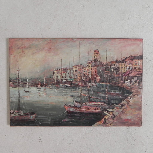 Painting cityscape with harbor, Harry Dedic, 1960s