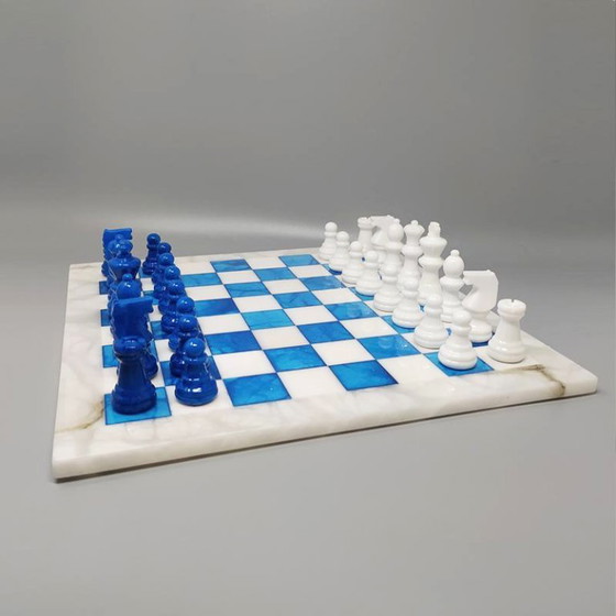 Image 1 of 1970s Gorgeous Sky Blue and White Chess Set in Volterra Alabaster Handmade. Made in Italy