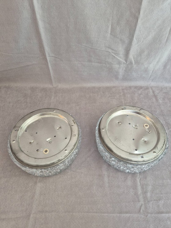 Image 1 of Pair of Glashütte Limburg 2791 Textured Ice Glass Flush Mount Ceiling / Wall Lights, Black Base, E27, Ø24.5 cm, Germany