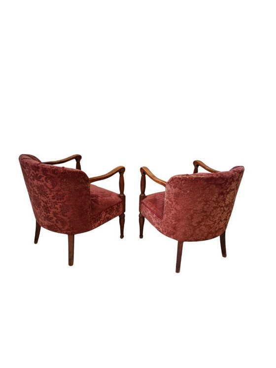 Image 1 of Élégante paire de fauteuils vintage en chêne et velours damassé des années 1960