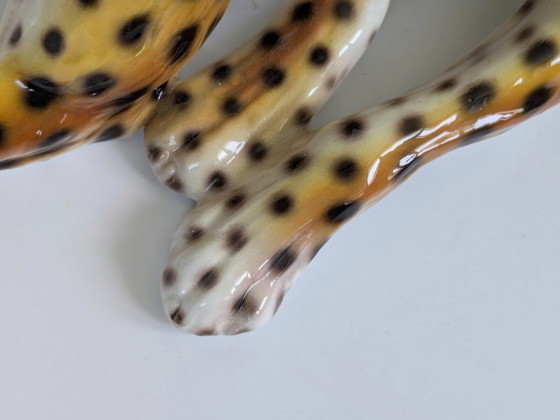 Image 1 of Large Italian Midcentury Porcelain Leopard Pair Sculpture Hollywood Regency Ronzan Style