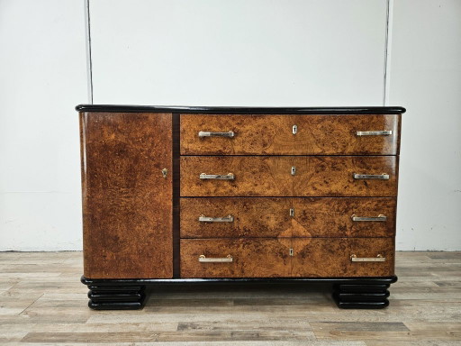 Buffet Art Déco des années 1950 en racine de bruyère et bois laqué, avec plateau en verre