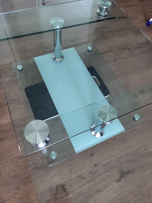 Extraordinaria mesa de centro de cristal extensible de 80 a 155 cm. – salontafels, Glass, Metal (photo 2 of 10)