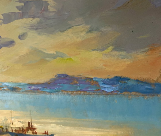 Image 1 of Dipinto ad olio originale, Paesaggio costiero serale, Tramonto arancione sul mare