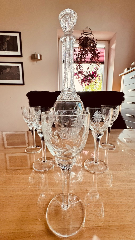 Service à liqueur Art Déco ancien en cristal au plomb: Carafe avec 5 verres (env. 1920)