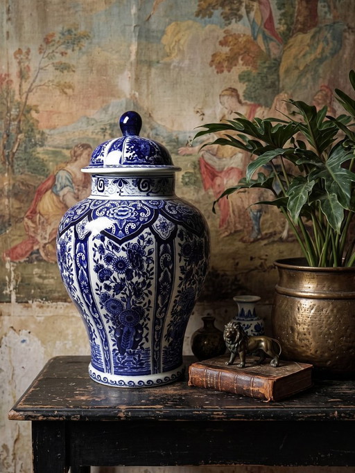 Large Boch Holland Royal Sphinx earthenware covered pot with Delft blue decor
