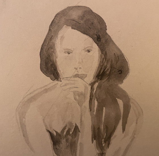 Image 1 of Watercolor Sepia Portrait of a Woman "La Robe Noire" (The Black Dress)