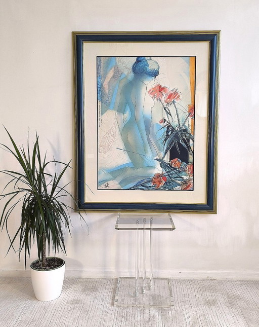 ✨✨ Jean-Baptiste Valadié – Magnifique lithographie originale signée et numérotée « Nu aux Dahlias » ✨✨