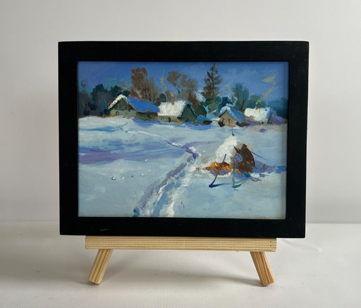 Original Oil Painting Winter Village Landscape Snowy path to the village