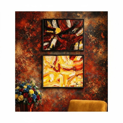 Esclusivo Pendant di Opere del Maestro DE LUTTI, "Colorado" (2024) e "Di rosa" (2021), olio su cartone telato. 