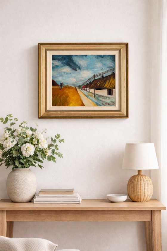 Image 1 of Vintage Signed Oil Painting | Dutch Rural Landscape with Thatched Houses | R. Leibé