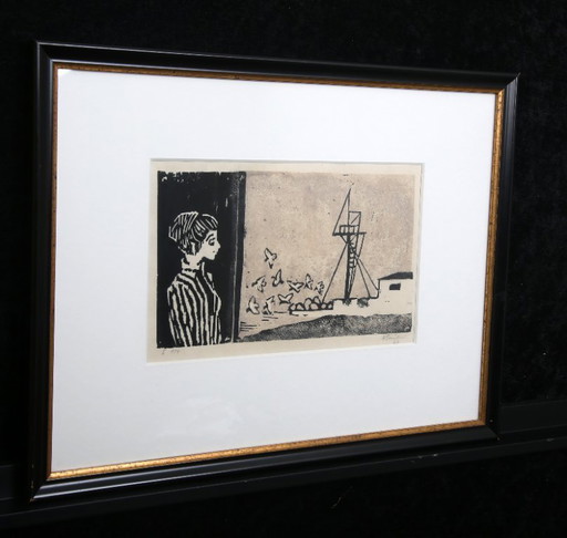 Teuber, Hermann - Am Kanal - Litho - ingelijst - met de hand gesigneerd