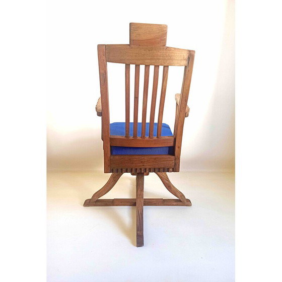 Image 1 of Vintage barber chair in solid teak and blue fabric, 1930