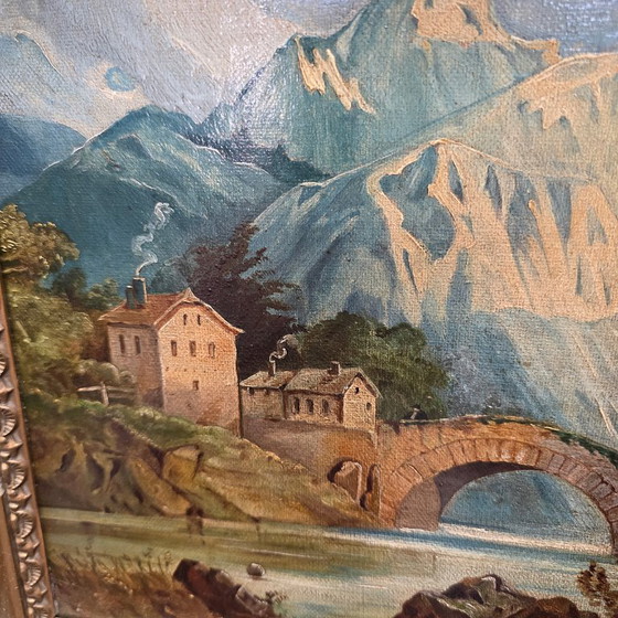 Image 1 of Antique oil painting with an Alpine village, late 19th century