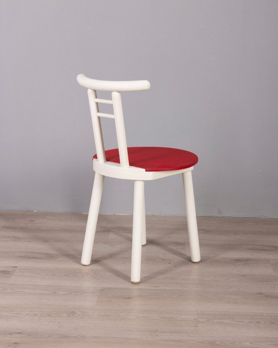Image 1 of Set di 4 sedie vintage anni '80 in legno e vinile rosso, design italiano.