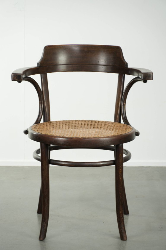 Image 1 of Chaise d'appoint/de salle à manger/de café Cosmos vintage originale en toile, avec un bois élégamment courbé dans le style Thone