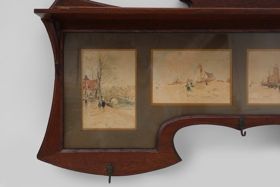 Image 1 of Art Nouveau Wall-Mounted Coat Rack with Framed Watercolors by Cassier, Belgium, 1905