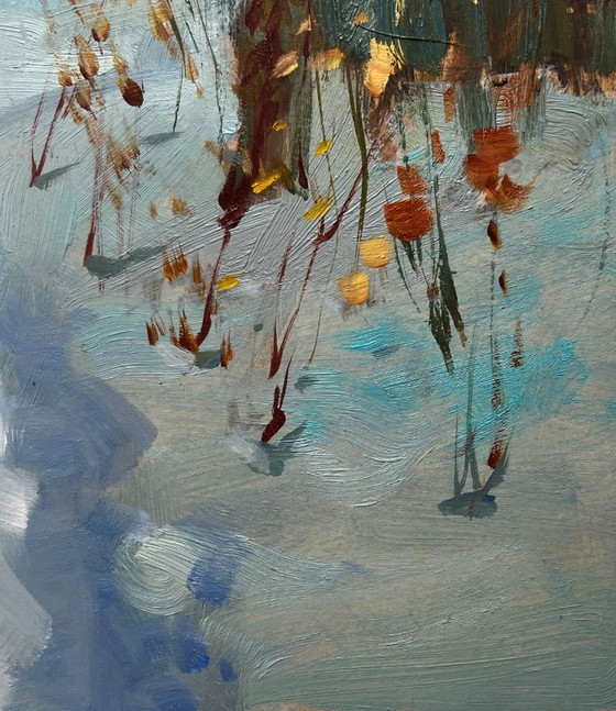 Image 1 of Original Oil Painting Snow Village Landscape Enjoying the winter sunset