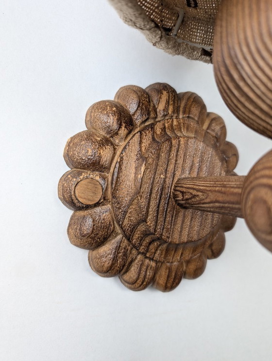 Image 1 of Carved Pine Wall Sconces with Jute Shades, Swedish Design, 1970s