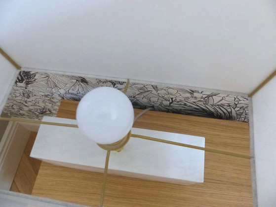 Image 1 of Paar rechteckige Designer-Tischleuchten von CB2 in Naturweiß, Alabaster und Leinen