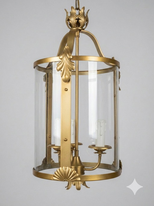 Lampadario Lanterna Vintage in Ottone e Vetro – Anni '70/'80