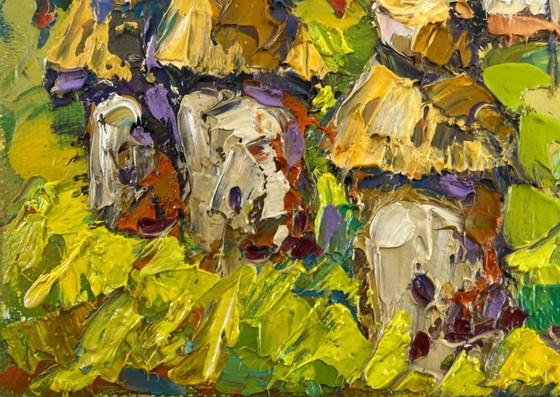 Image 1 of Original Oil Painting Colorful Village Landscape Quiet summer morning
