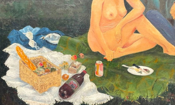 Image 1 of Dipinto di Camille Delahaut, 'Il pic-nic' Vintage