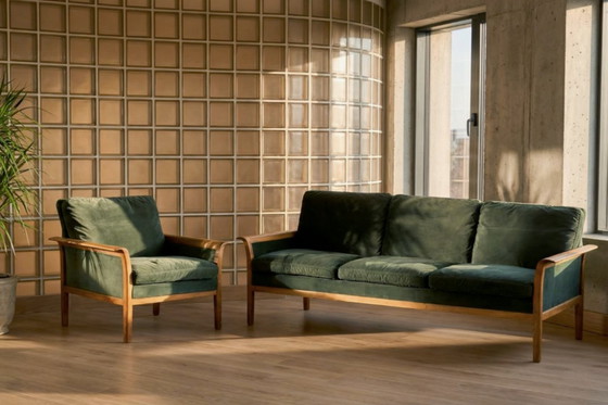 Image 1 of Divano e sedia vintage in palissandro norvegese e velluto verde bottiglia di Knut Sæter per Vatne Møbler, anni '60, set di 2