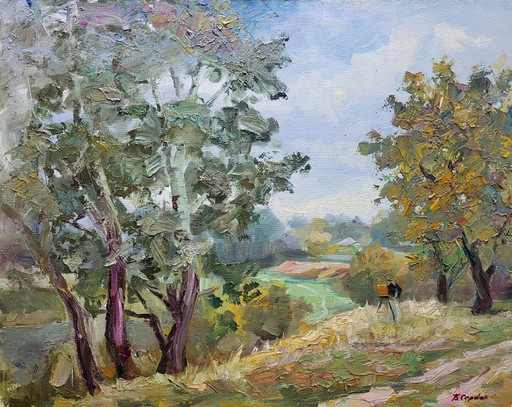 Origineel olieverfschilderij Natuurlandschap Heuvels Zilverpopulier