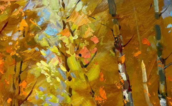 Image 1 of Origineel olieverfschilderij: Herfstboslandschap, herfstberkenbos