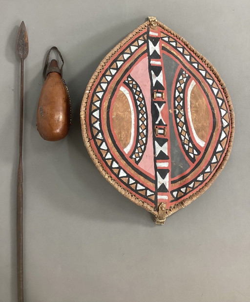 Vintage Masai Kenya Africa shield drinking bottles and spear