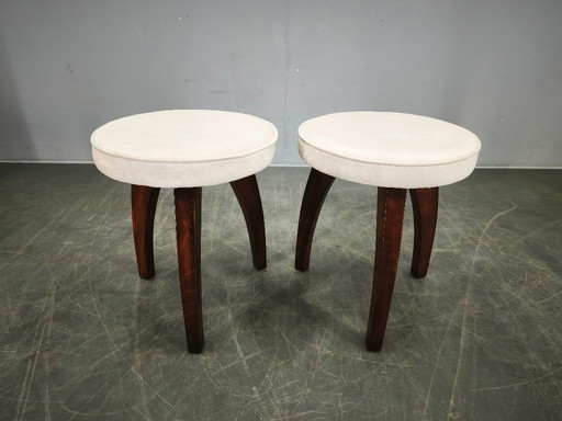 Pair of Art Deco Beech Wood Stools, 1940s, Newly Upholstered