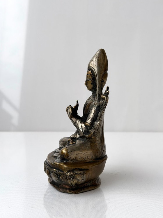 Tsongkhapa Silvered Statue Tibetan Buddhist Lama Engraved Vintage Nepal – Sculpture, Brass (photo 6 of 14)