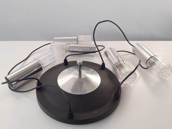 Image 1 of Vintage cascade pendant lamp with 5 transparent glass bubble glass cups, mcm glass chrome chandelier